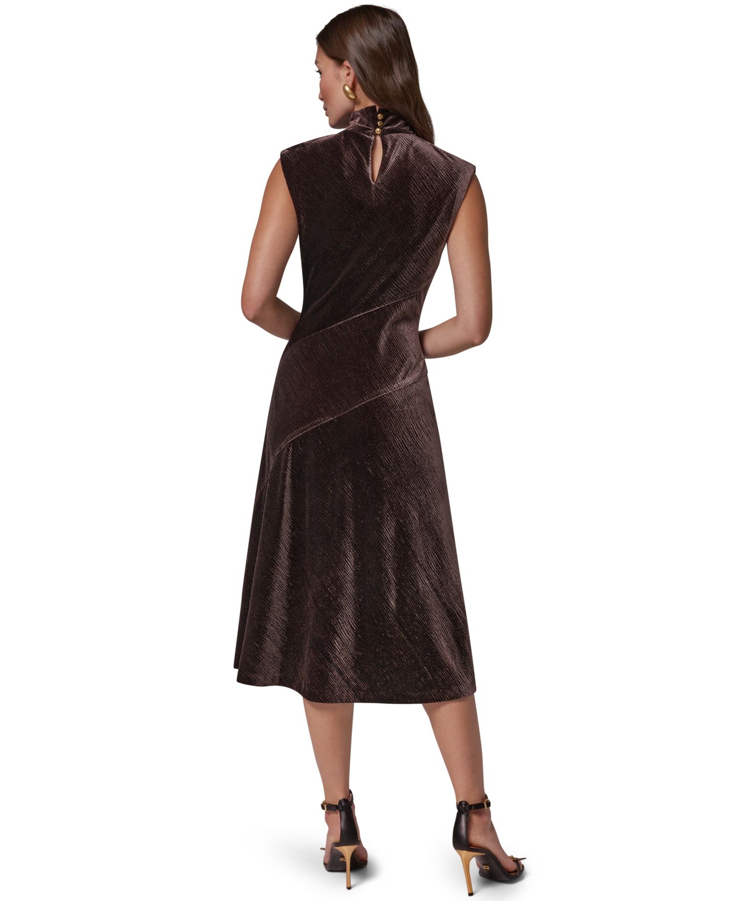 Женское платье Donna Karan New York Mock Neck Crinkled Velvet A-Line, цвет: Тёмно-коричневый — фото 5
