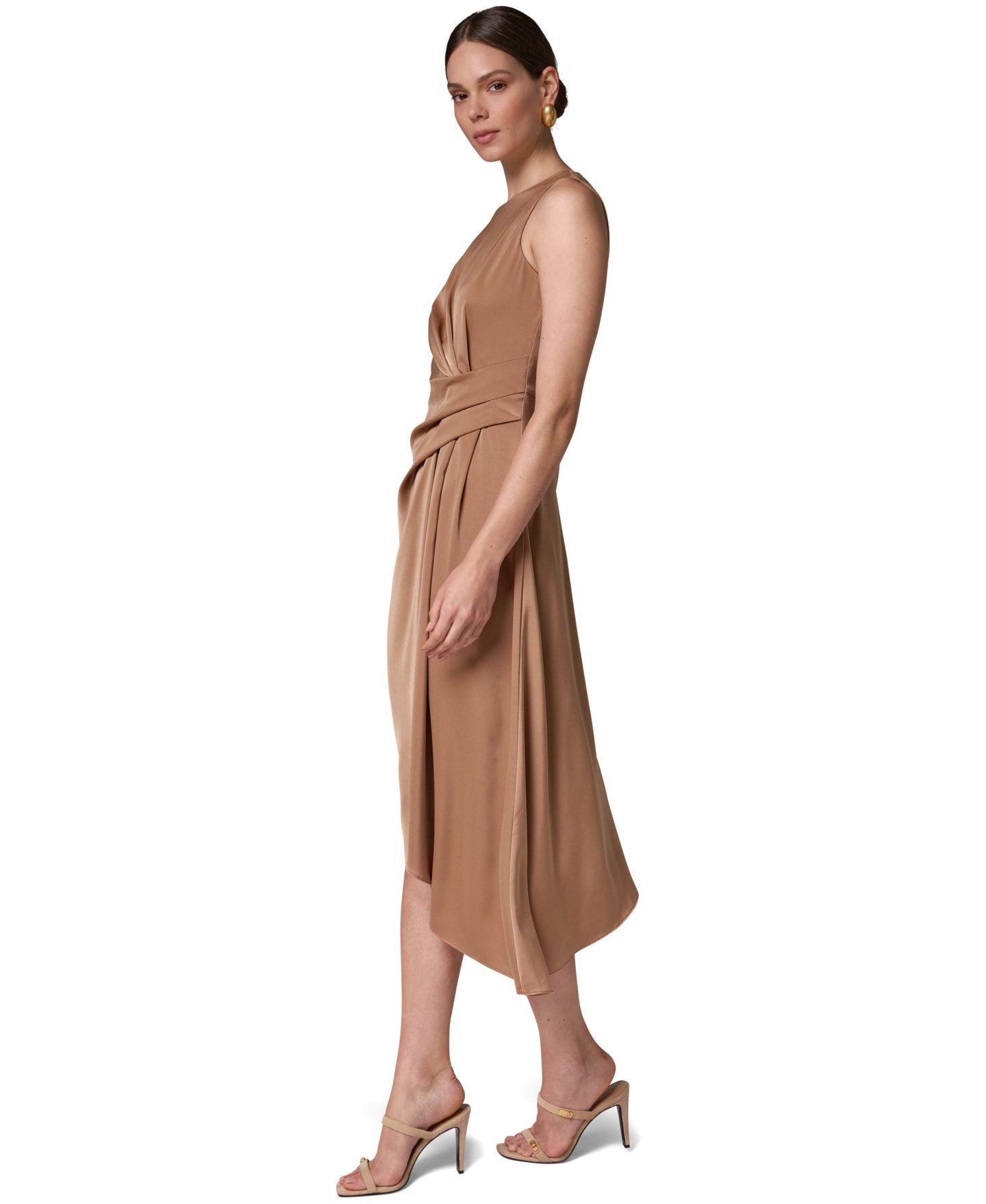 Женское платье Donna Karan New York Satin Draped-Waist Asymmetric-Hem Midi, цвет: Верблюжий — фото 2
