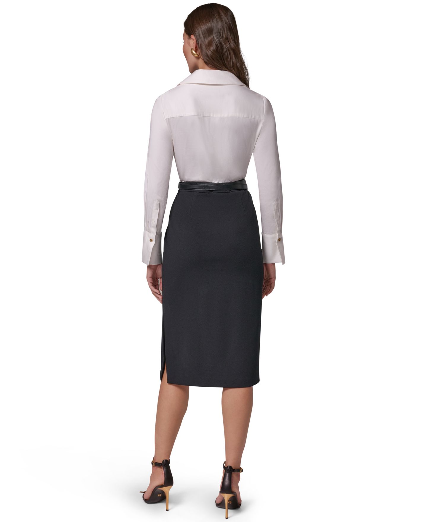 Женское платье Donna Karan New York Long-Sleeve Collared Mixed Media Belted Pencil, цвет: Кремовый / Чёрный — фото 5