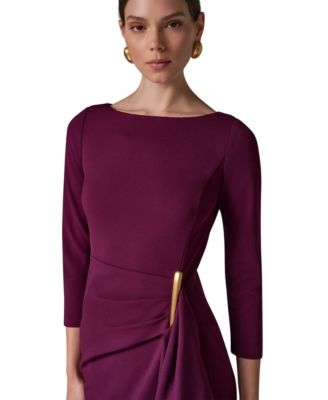 Women's Long-Sleeve Boat-Neck Side Cascade Ruffle Dress thumbnail 3