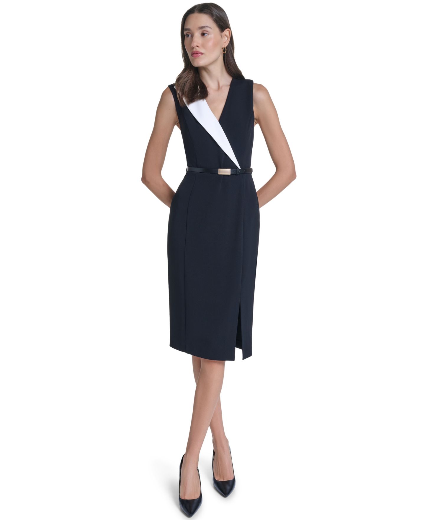 Женское платье Calvin Klein V-Neck Sleeveless Sheath, цвет: Чёрный / Кремовый — фото 1