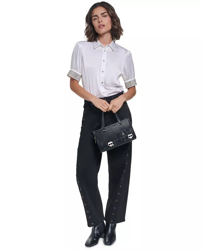 Women's Satin Rhinestone-Cuff Button-Front Top - thumbnail 6