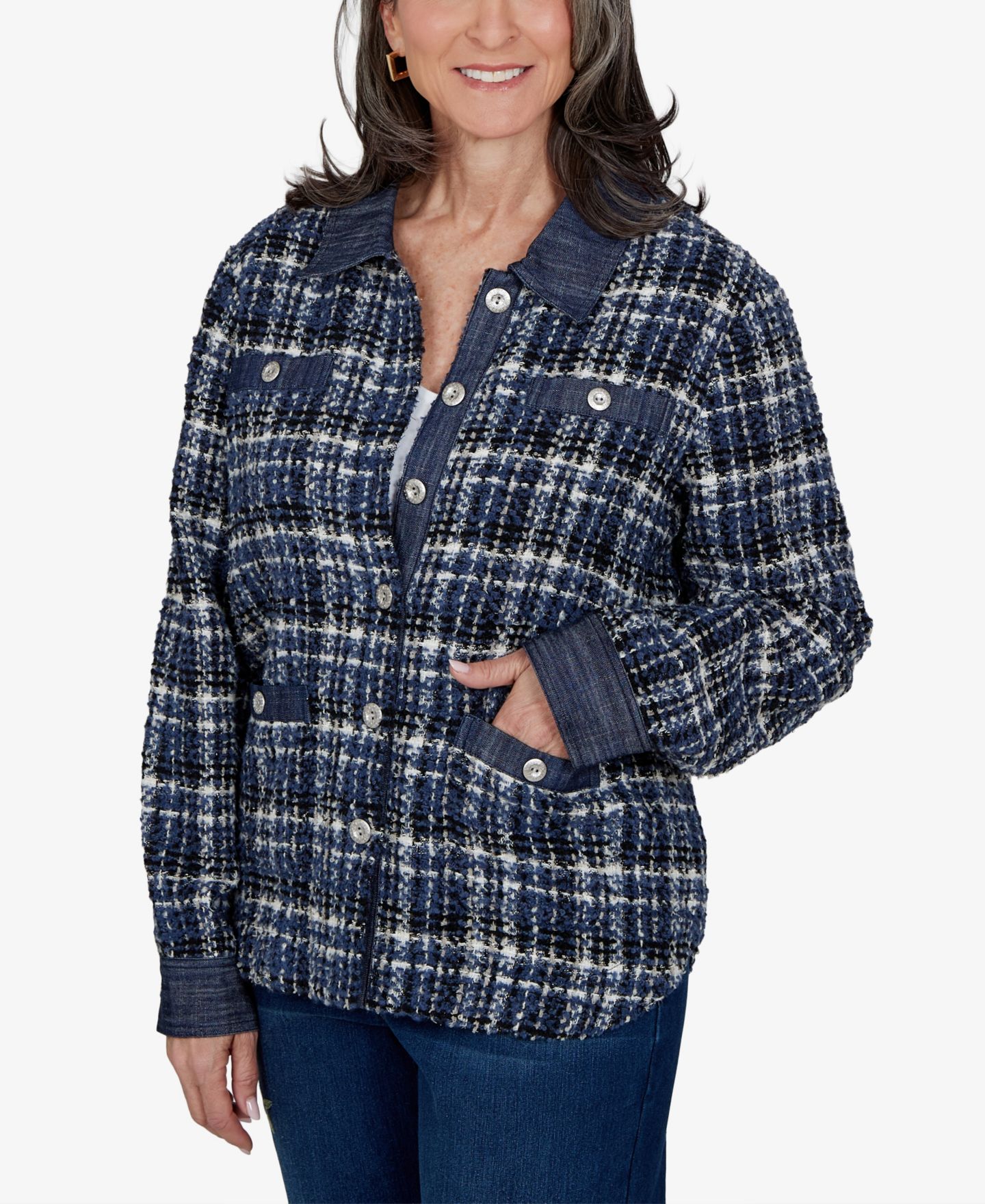 Женская куртка Alfred Dunner Petite Plaid Tweed Shirt Jacket, цвет: Тёмно-синий — фото 2