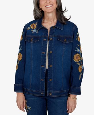 Petite Denim Floral-Embroidered Jacket