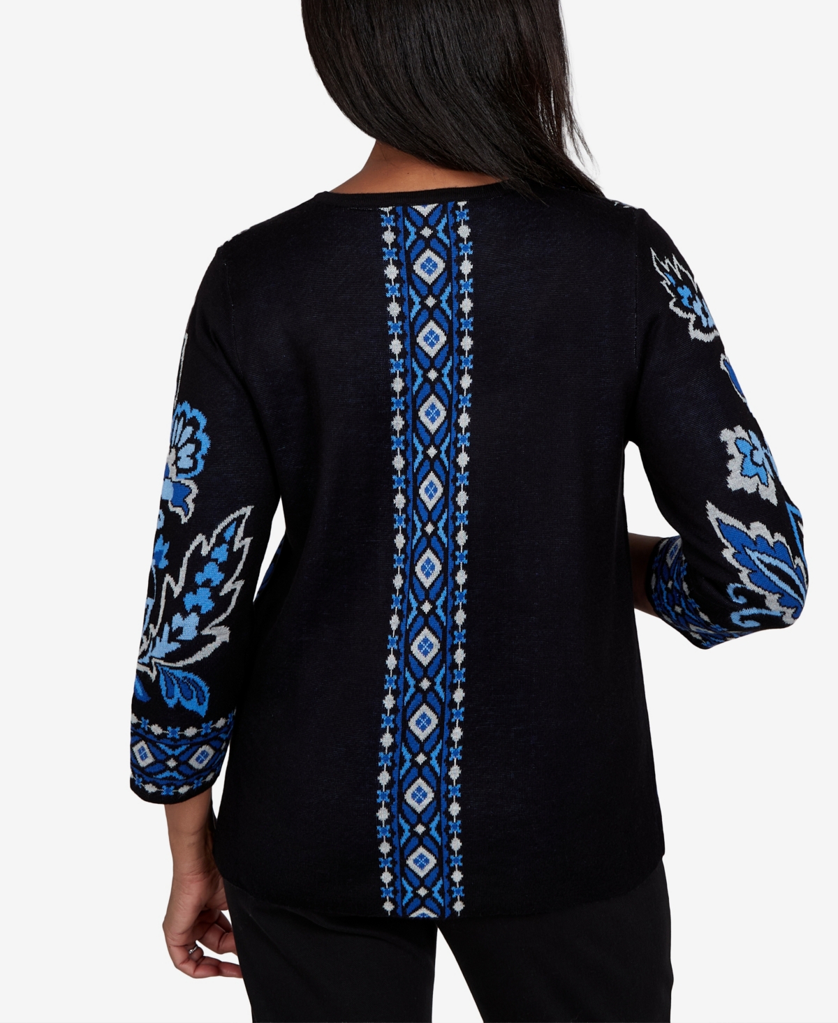 Alfred Dunner Petite 3/4-Sleeve Floral-Geometric Henley Pullover Sweater