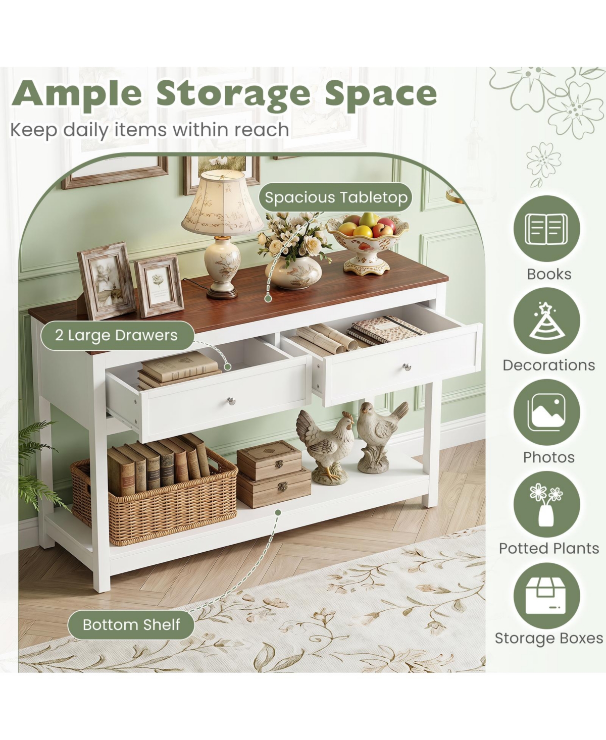Gymax 47' Farmhouse Console Table with 2 Drawers and Open Storage Shelf Anti-Topping Kits