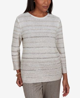 Women's Crewneck Striped 3/4-Sleeve Pullover Sweater