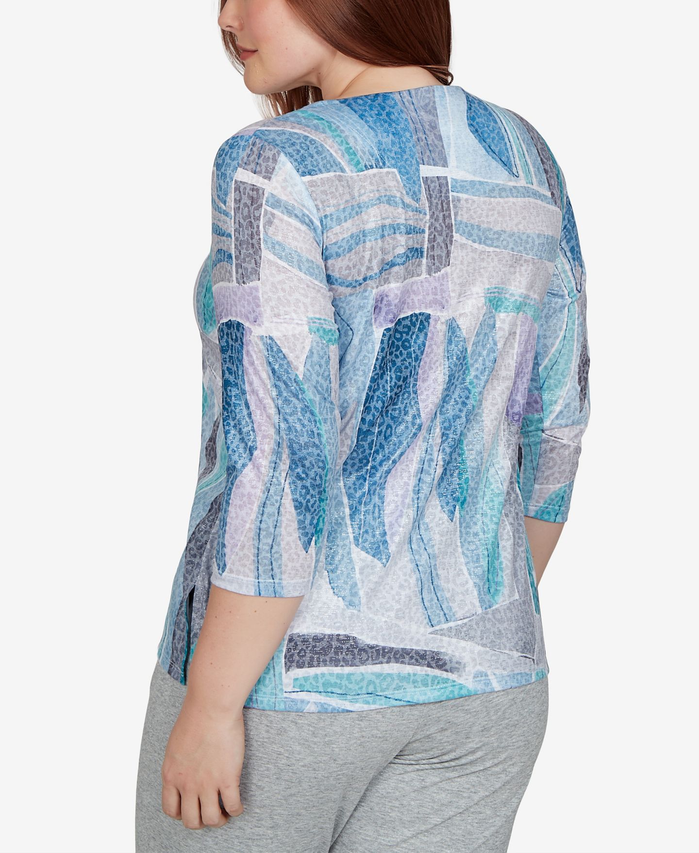 Женская футболка Alfred Dunner 3/4-Sleeve Side-Slit Print, цвет: Синий разноцветный — фото 5