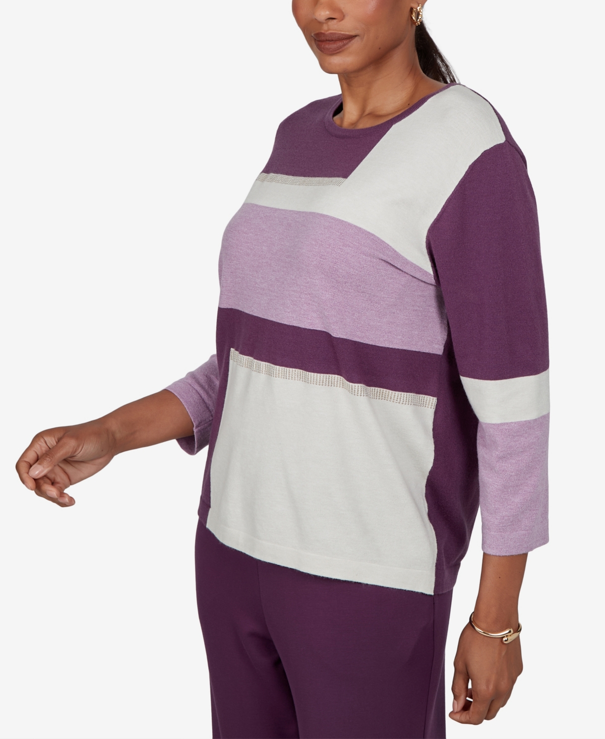 Alfred Dunner Women's Sweatr Colorblock 3/4-Sleeve Crewneck Pullover Sweater