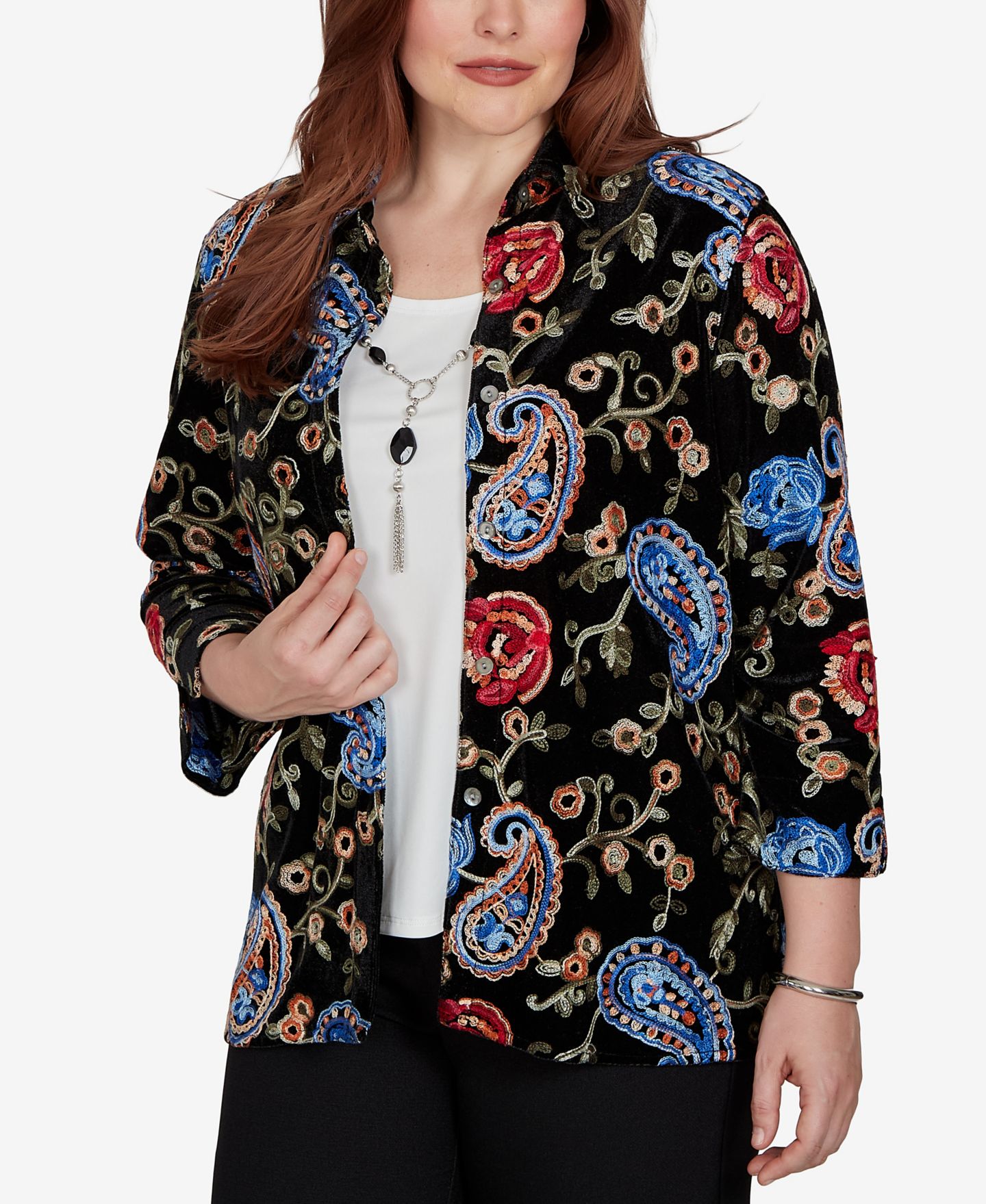 Женская блузка Alfred Dunner Knit Floral-Print Velvet 3/4-Sleeve, цвет: Чёрный — фото 2