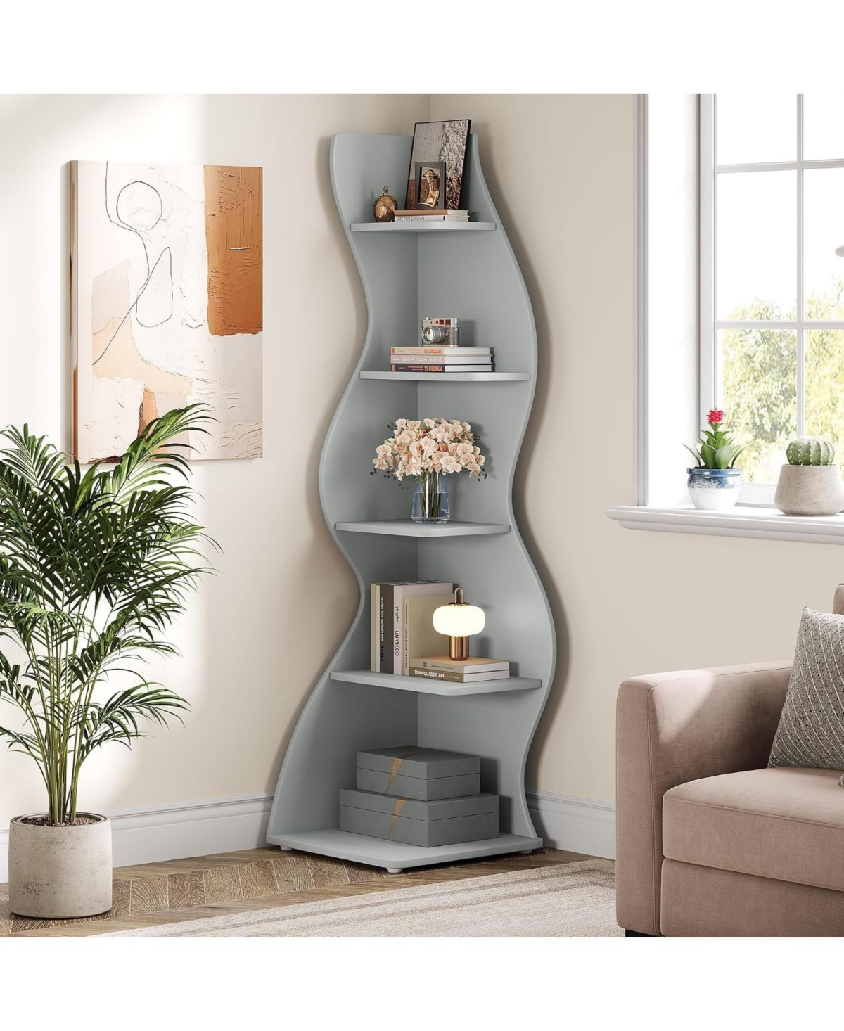 Tribesigns 5-Tier Wavy Corner Bookshelf for Small Space