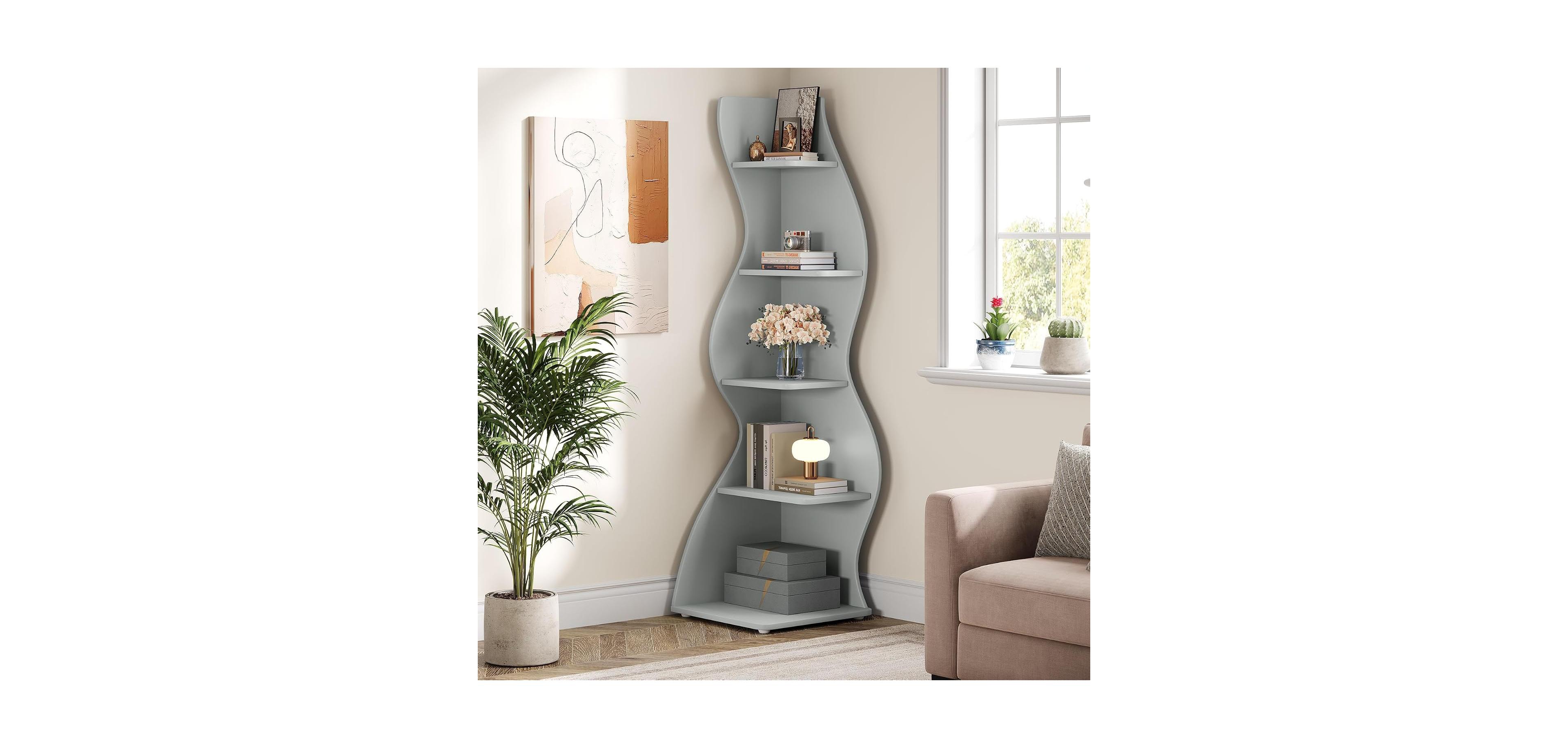 Tribesigns 5-Tier Wavy Corner Bookshelf for Small Space