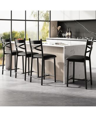 Bar Stools Set of 4, Counter Height Bar Stools with PU Upholstered Seat, Metal Frame X-Design Back