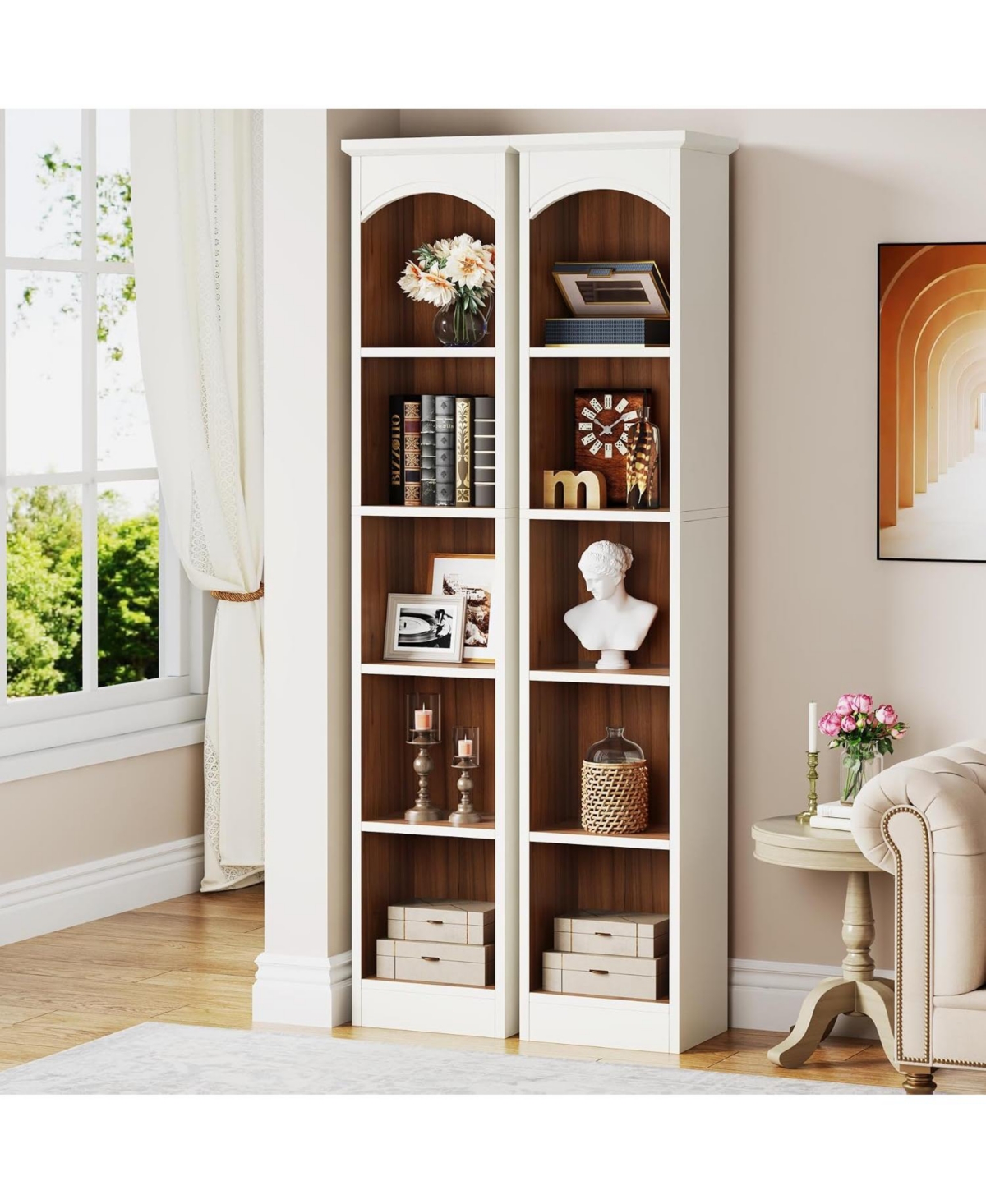 Tribesigns 70.9'' Tall Narrow Bookcase Set of 2, 5-Tier Cube Bookshelf - White and brown
