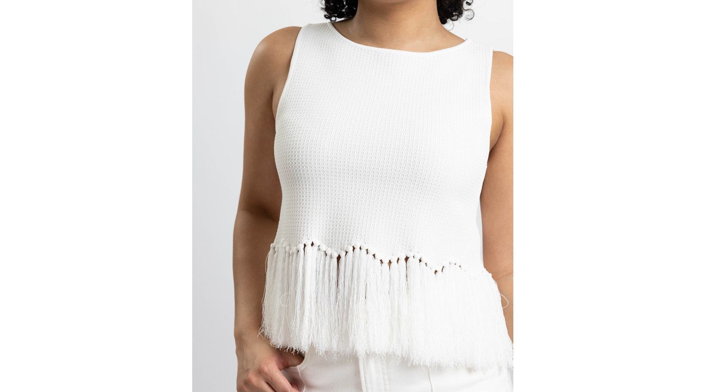 Женский топ Caldwell Collection Tanja Scoop Neck Fringe Peplum Sleeveless Knit, цвет: Белый — фото 8