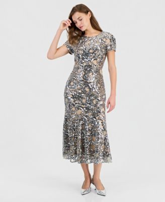 Women's Rose Sequin Floral-Print Maxi Dress