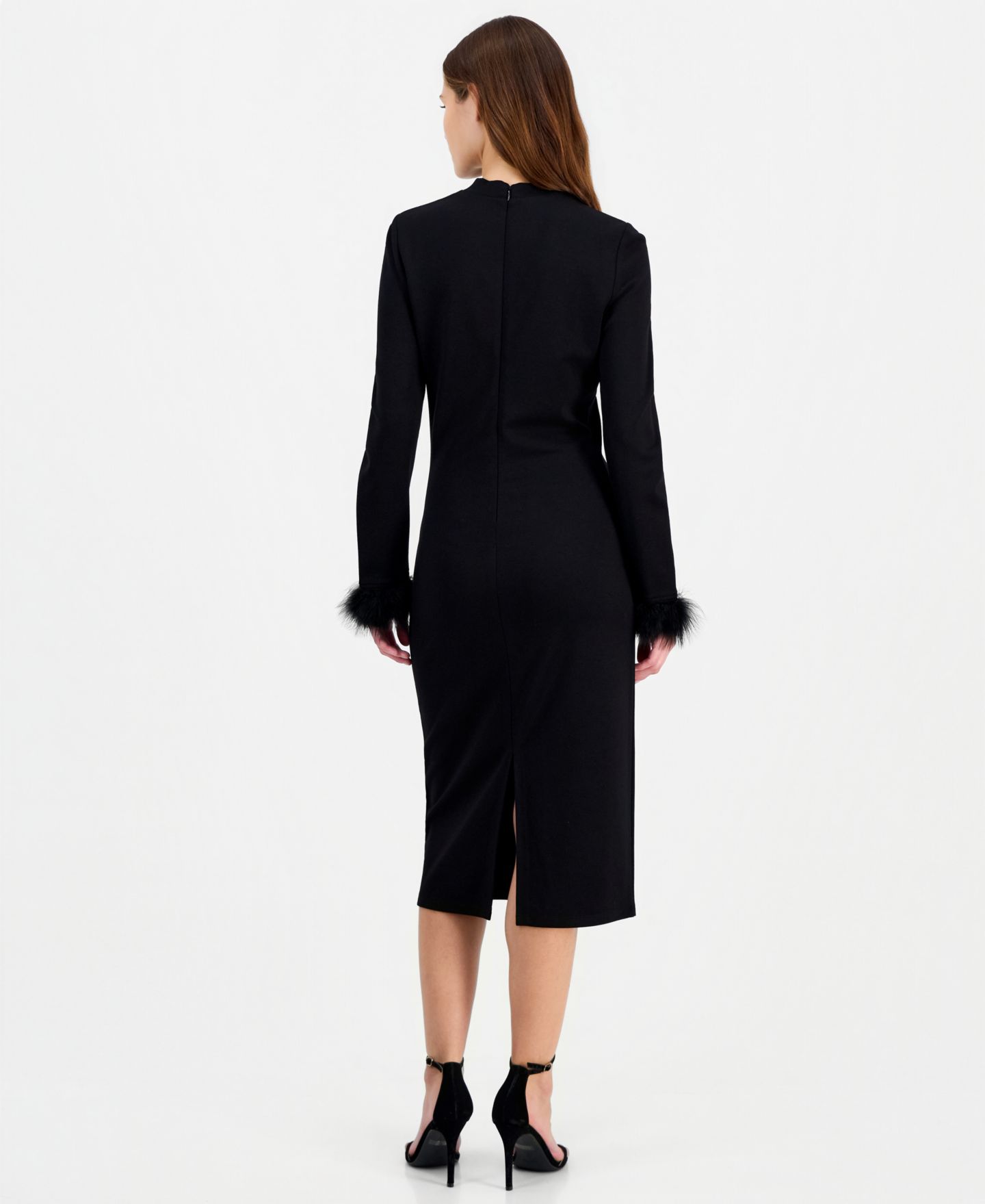 Женское платье Anne Klein Feather Trim Sheath Long-Sleeve Mock-Neck Midi, цвет: Чёрный — фото 6