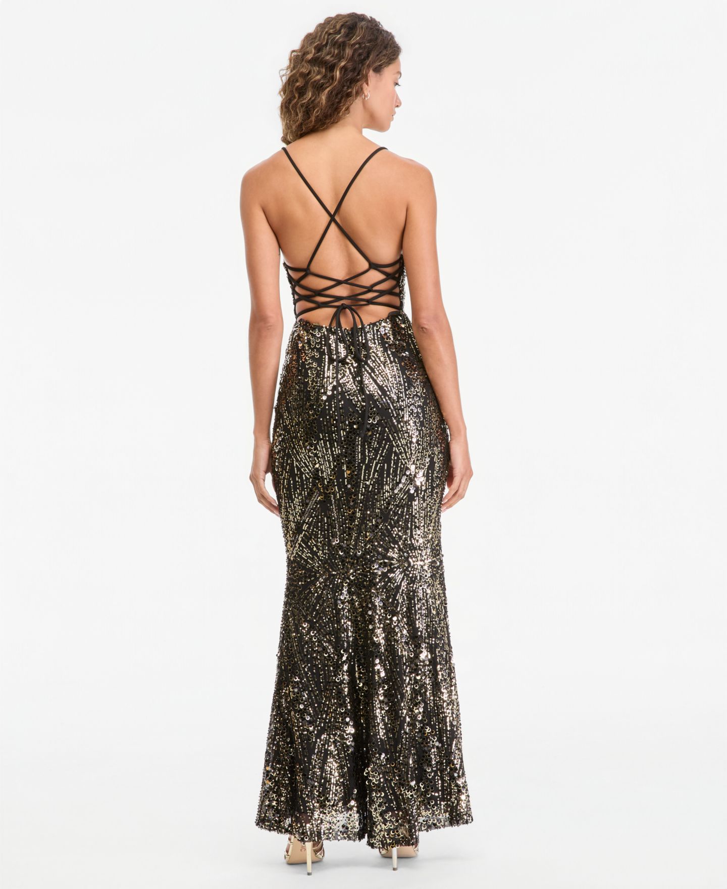 Женское платье SENI & CADE Junior's Sequin Back Lace Up Gown, цвет: Чёрный / Золотой — фото 7