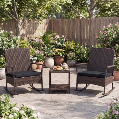 3 Piece Patio Rocking Bistro Set 2 Rattan Armchairs with 2-Tier Tempered Glass Side Table