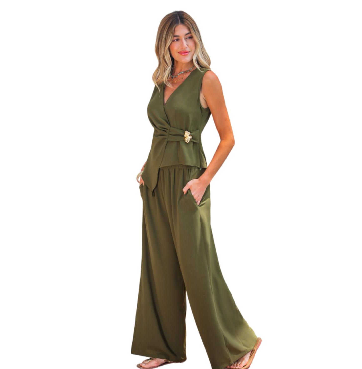 Женский комплект Cupshe Women's Wrap Wide-Leg Top and Pants Set, цвет: Средний зелёный — фото 2