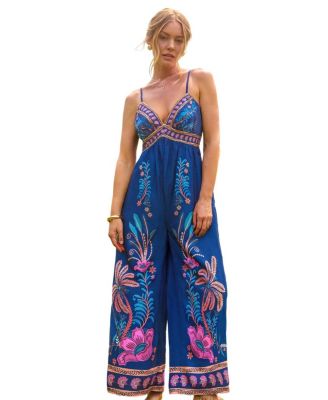 Women's Spaghetti Strap V-Neck Floral-Print Wide-Leg Jumpsuit
