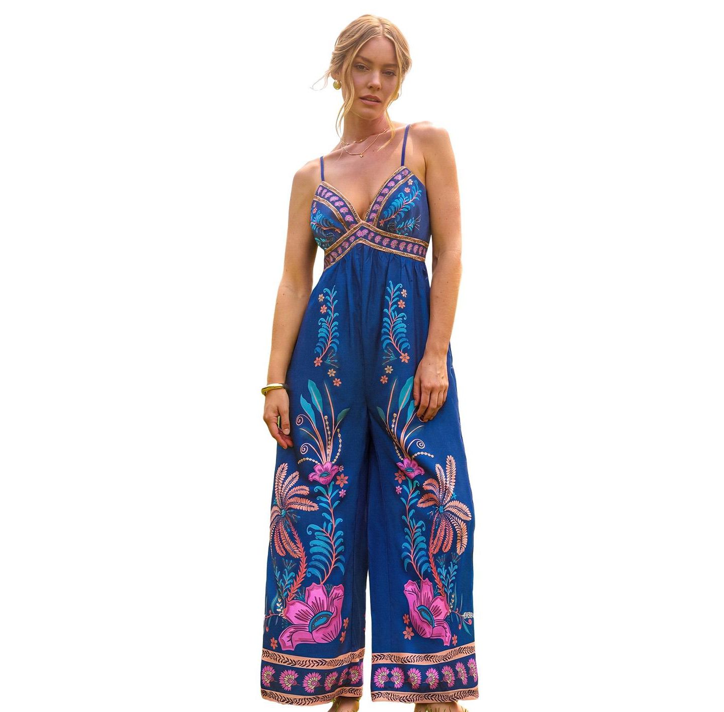 Женский комбинезон Cupshe Spaghetti Strap V-Neck Floral-Print Wide-Leg Jumpsuit, цвет: Средний синий — фото 1