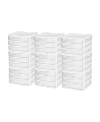 Clear Plastic Stackable Small 3 Drawer Storage System, White, (9 Pack)