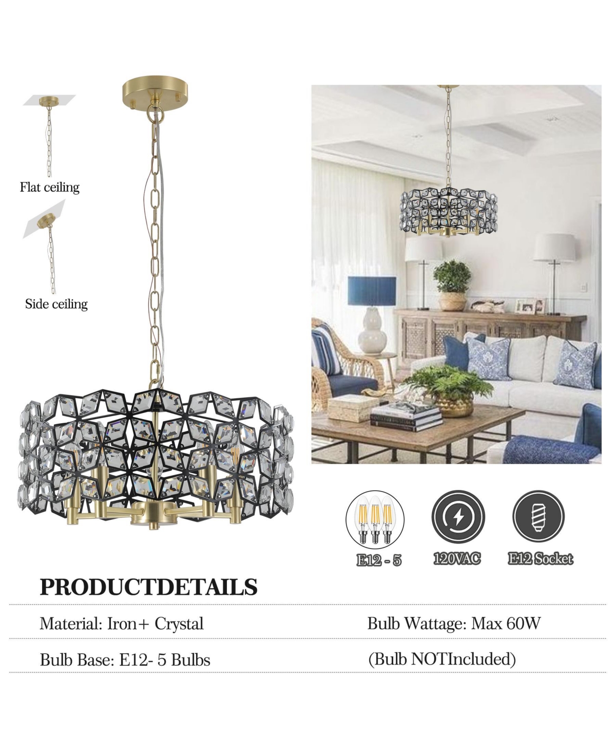 Clihome 19" Crystal Gold Pendant Chandelier, Geometric Modern 5-Light Fixture (Bulb Not Included)