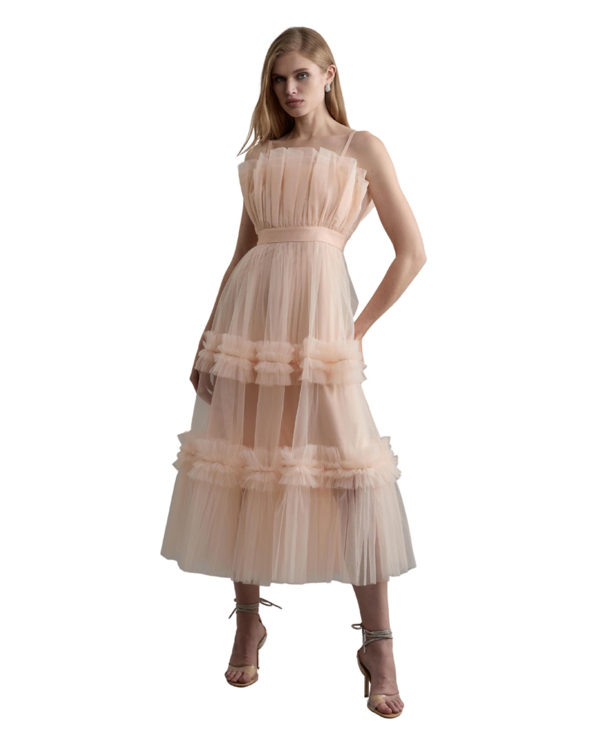 Karen Millen Women's Square Neck Tiered Tulle Midi Dress - Blush