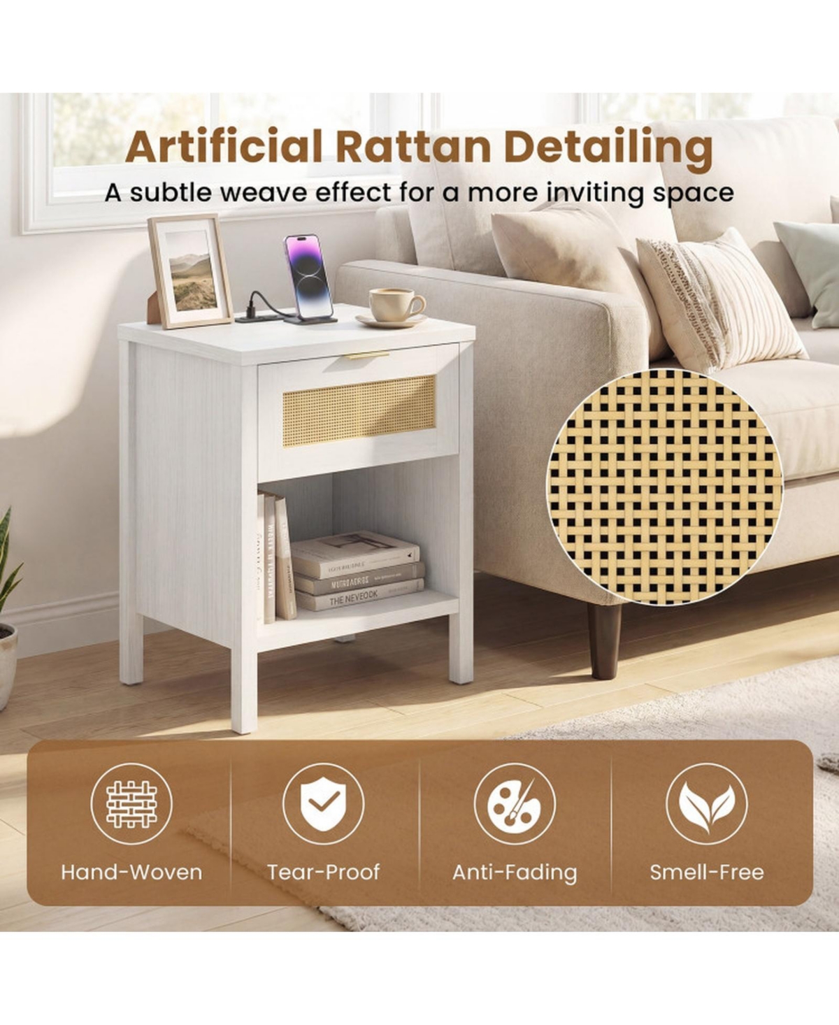 Sugift Rattan Nightstand with Charging Station Storage Drawer and Open Compartment