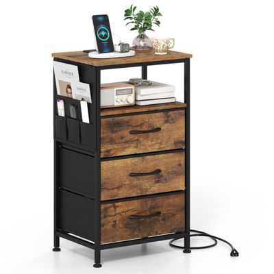 27.5 Inch Nightstand with Charging Station 3 Fabric Drawers and Open Compartment Bedside Tower