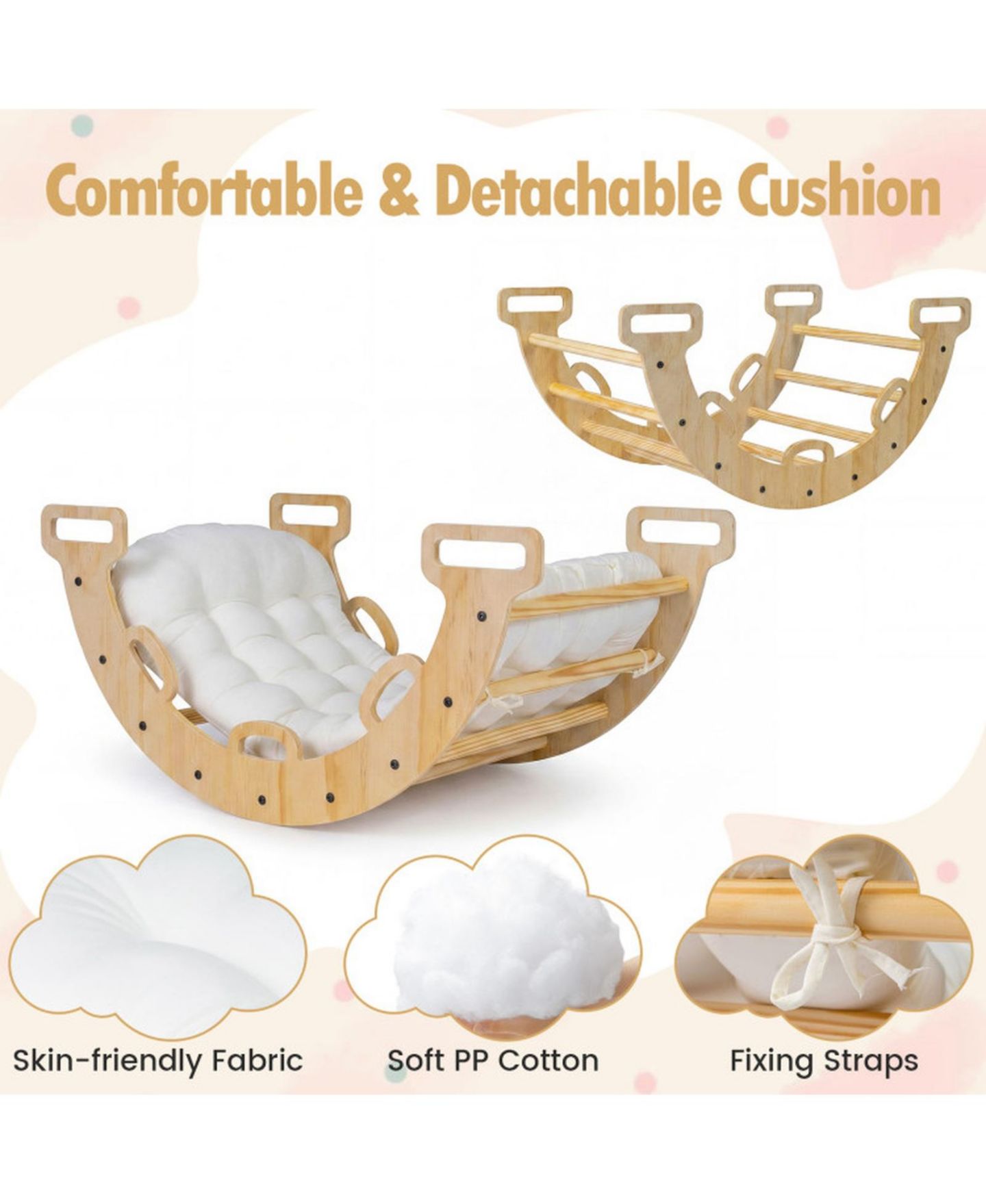 Детская игрушка SUGIFT 3-in-1 Wooden Rocking Climbing Arch with Removable Cushion, 32" x 19" x 15", 110 Lbs, Ages 1+, цвет: Натуральный — фото 7