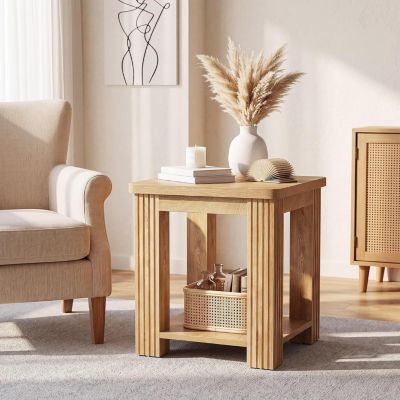 End Table,Wooden Side Table with Sturdy Base, Farmhouse Narrow Nightstand with Storage Shelf