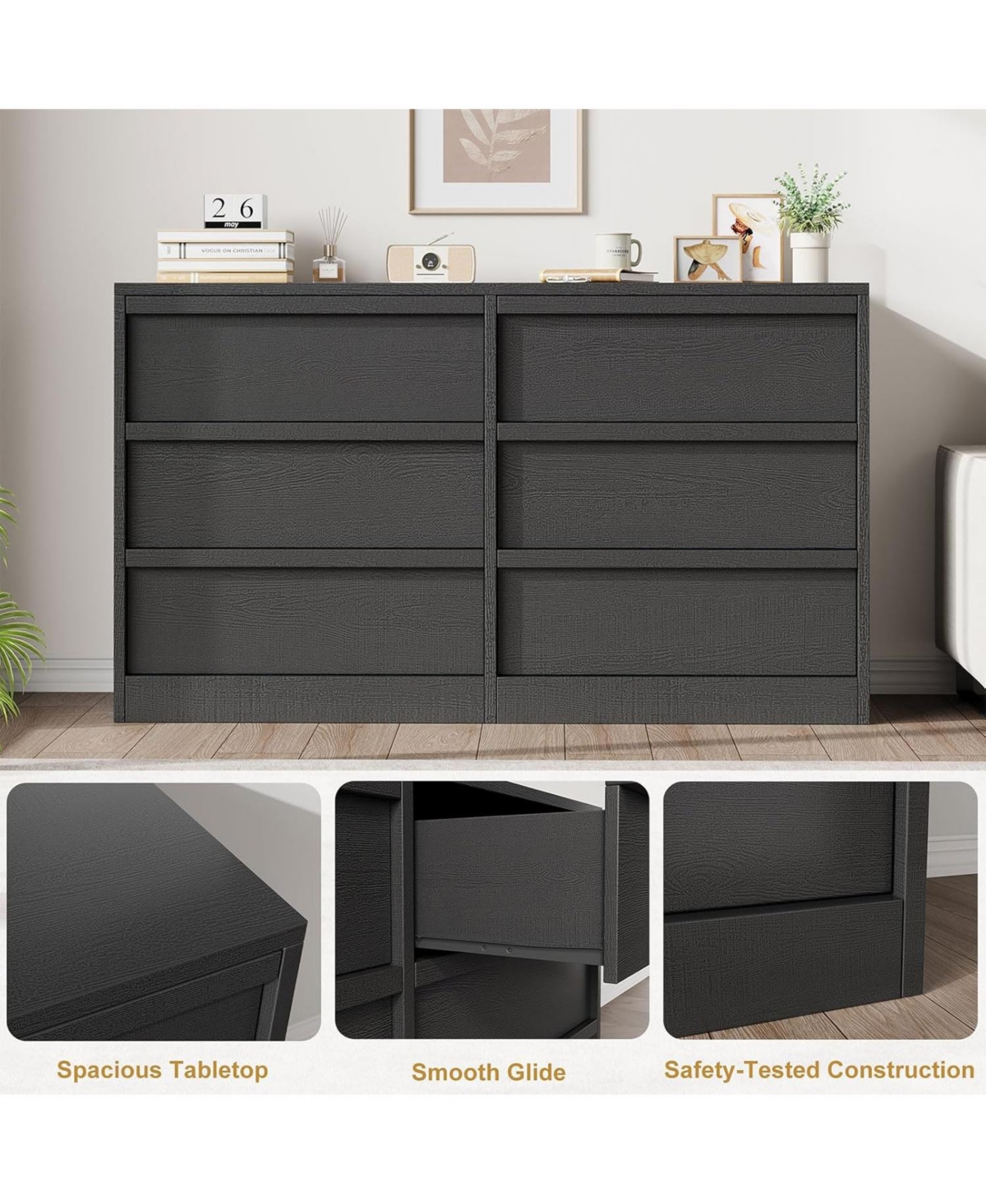 gaomon 6 Tier Chest, 54" Wide, Large Capacity, Drawer Storage, Wide Wooden Storage Furniture, Living Room, Bedroom, Entrance, Kids Room