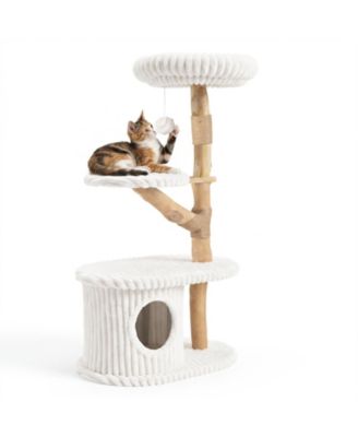 41 Inch Tall Modern Cat Tower with Real Wood Branches Scratching Posts Cozy Bed