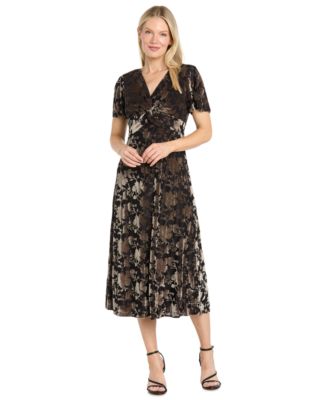 Women's Velvet Floral V-Neck Midi Dress