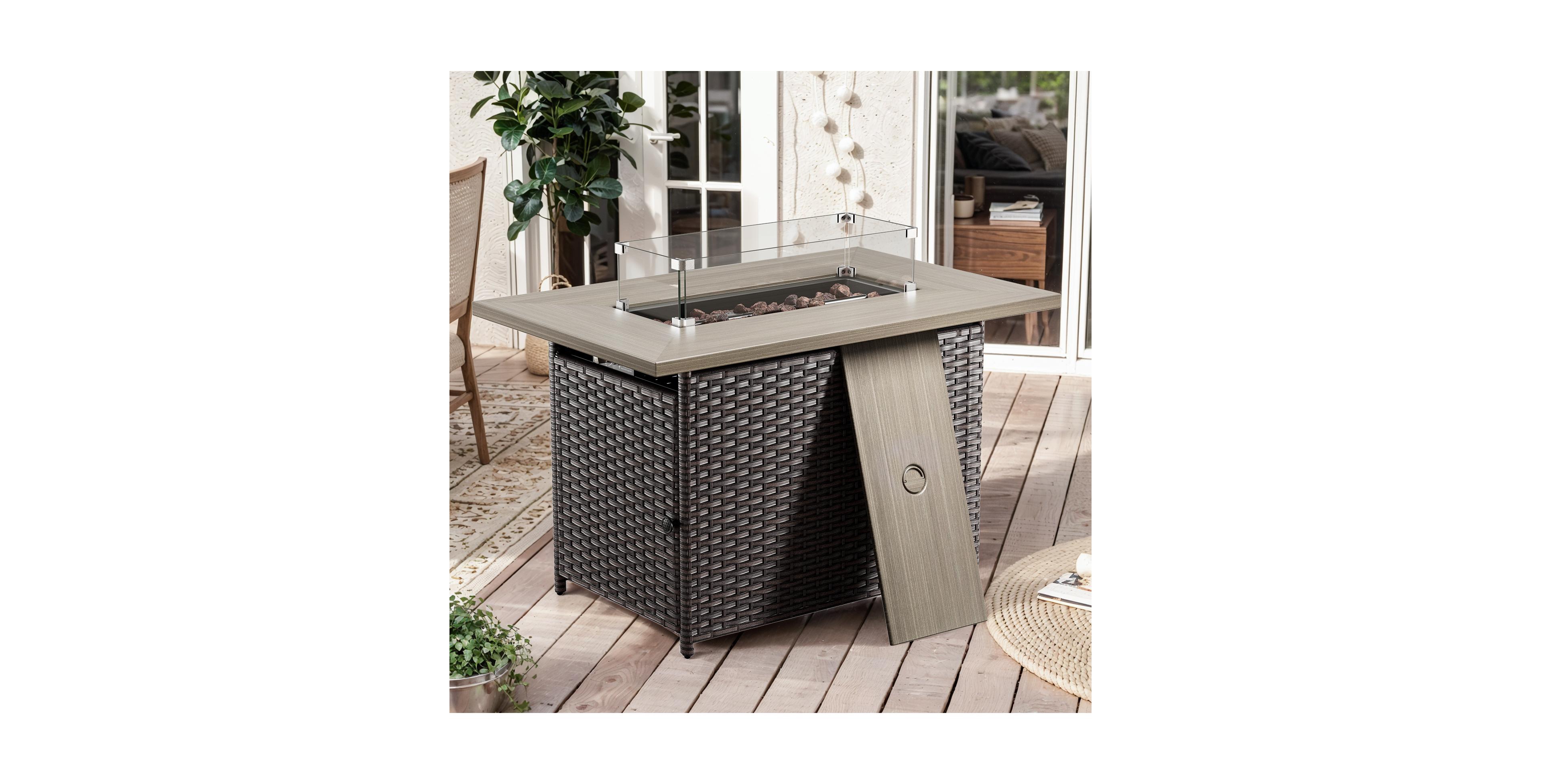 Pocassy Rectangular Propane Fire Pit with 50,000 Btu Output, Table for Outside Patio volcanic Stones and Wind Guard