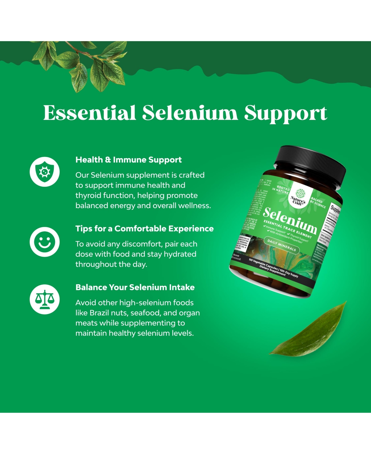 Nature's Craft Selenium 200mcg Capsules, High Potency Selenium Supplement for Immune Support, Antioxidant and Thyroid Support Trace Mineral, 100 Count