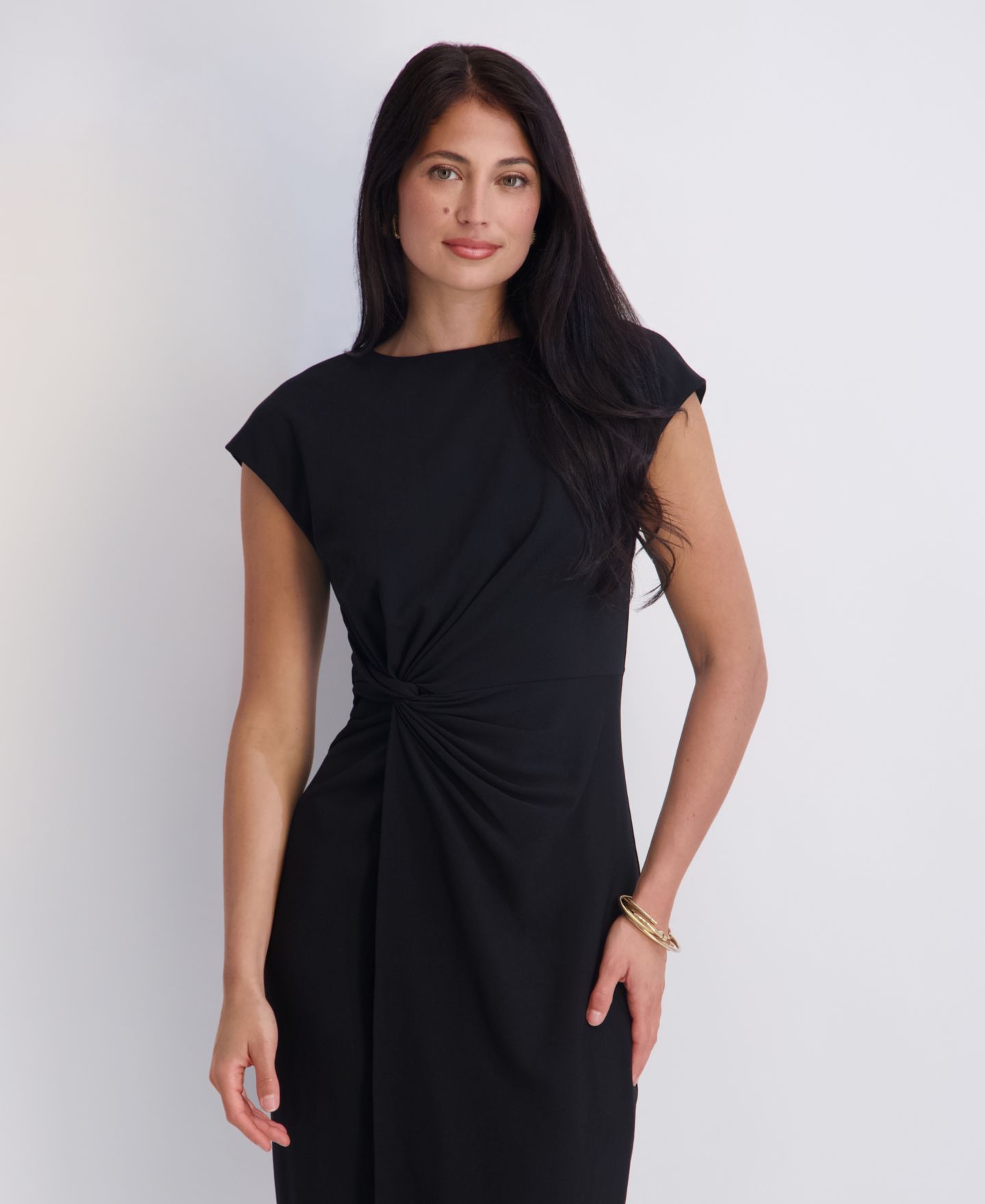 Женское платье Kensie Crepe Scuba Gathered Twist-Front Cap-Sleeve, цвет: Чёрный — фото 4