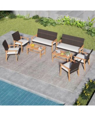 Patio Furniture Set with Acacia Wood Coffee Table and Soft Cushions for Garden
