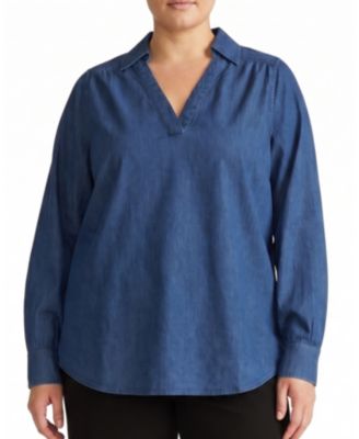 Plus Size Maisie Chambray Popover Long-Sleeve Blouse