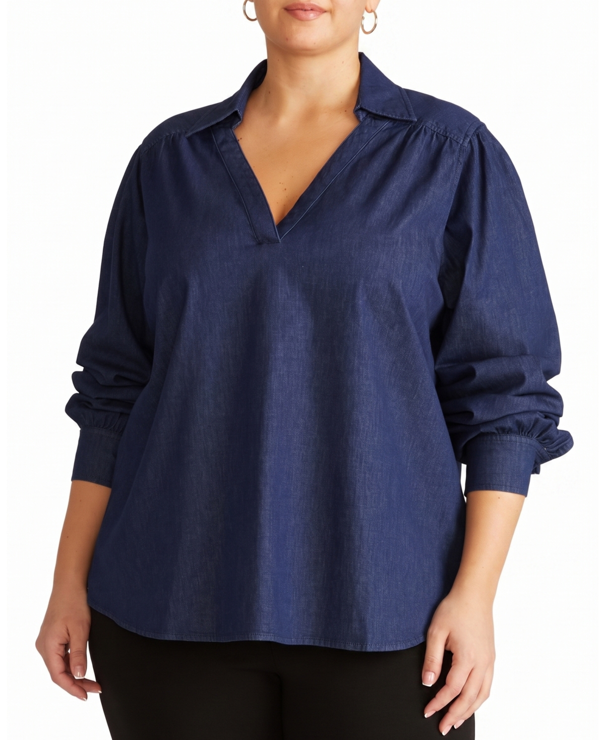 Universal Standard Plus Maisie Chambray Popover Long-Sleeve Blouse