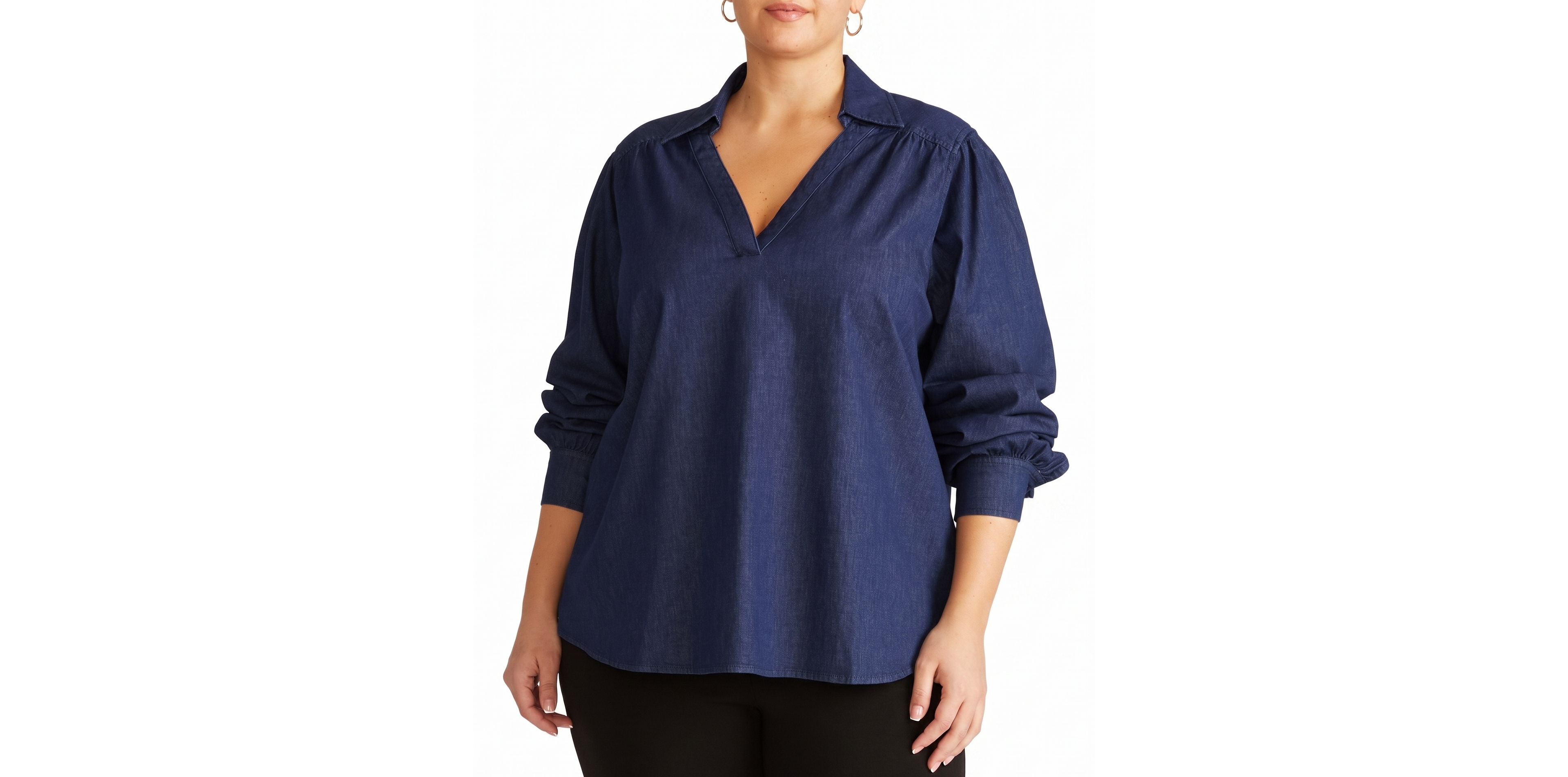 Universal Standard Plus Maisie Chambray Popover Long-Sleeve Blouse