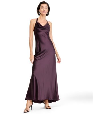 Women's Cowl-Neck Empire-Waist Long Satin Dress
