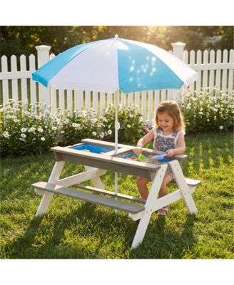Wooden 3-in-1 Sand and Water Picnic Table with Umbrella, Seats 4, Ages 3-8