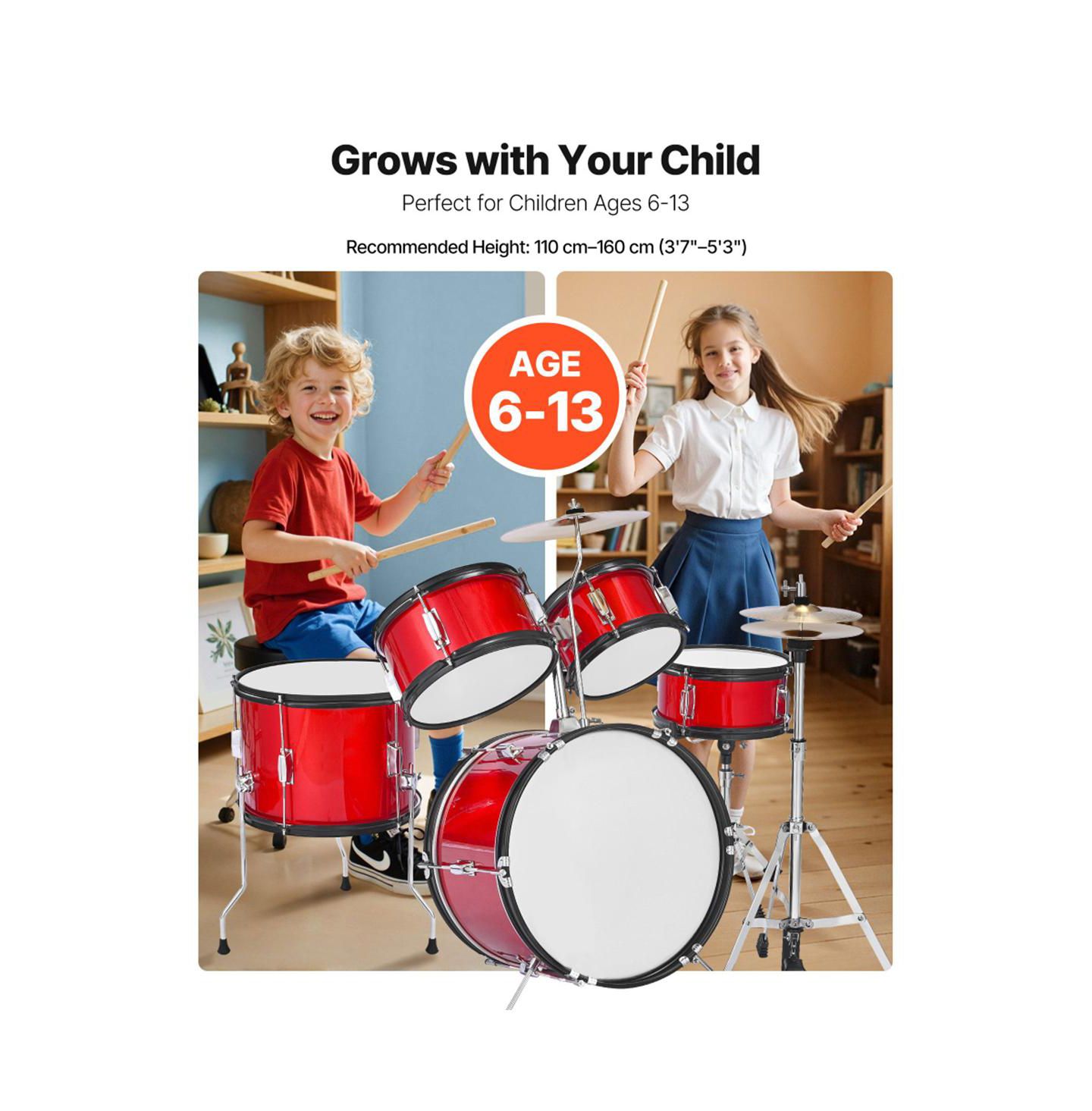 Детские игрушки YOBTOP Kids Adjustable 5-Piece Drum Set, Ages 6+, цвет: Красный — фото 2