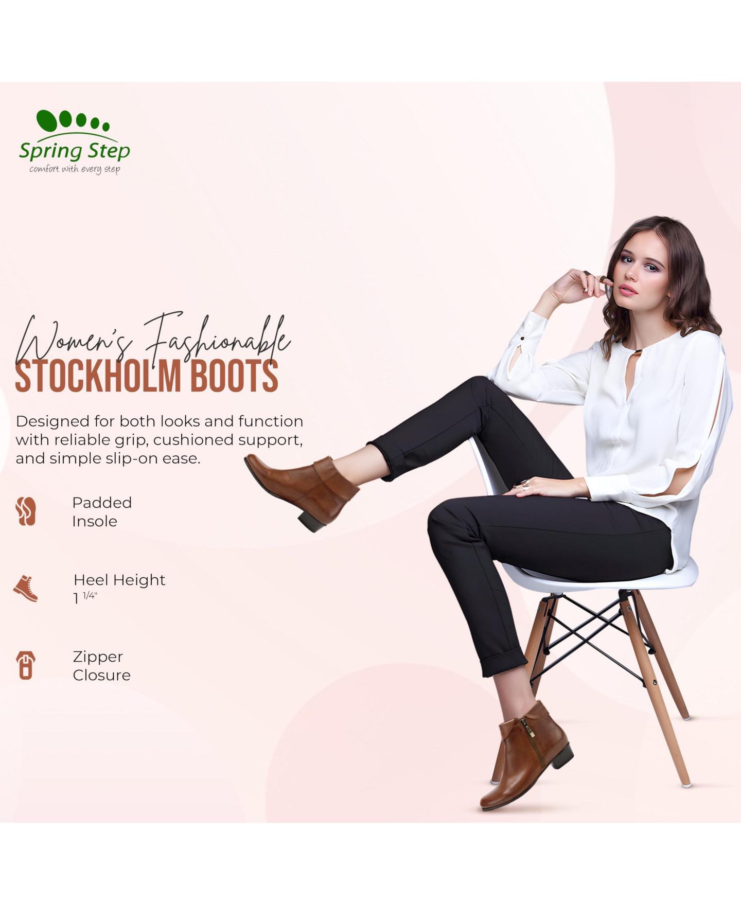 Женские низкие ботильоны Spring Step Stockholm на боковой молнии, цвет: Чёрный — фото 4