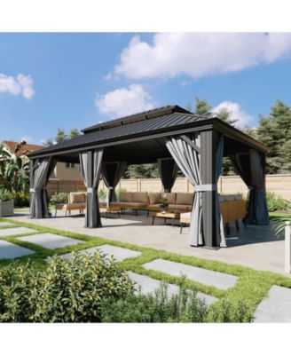 Aluminum Hardtop Gazebo, Double Steel Roof Pavilion with Drainage System and Netting