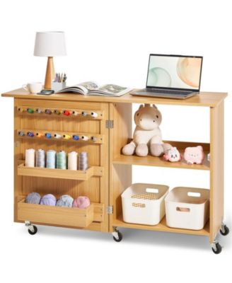 Generic for Folding Sewing Machine Table - Multipurpose Compact Design with Wheels Shelves Storage Trays Wooden Pegs and Magnetic Doors
