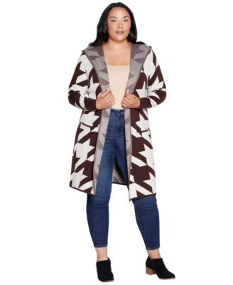 Plus Size Houndstooth Hooded Cardigan